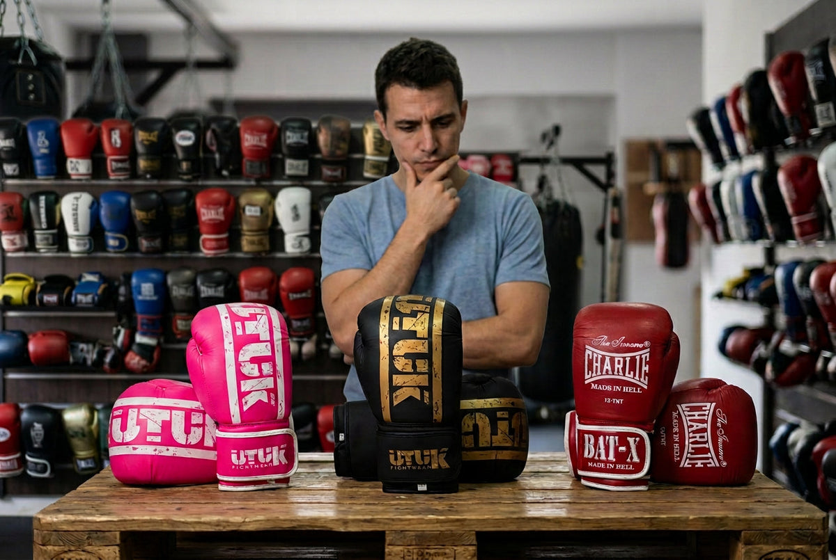 Persona eligiendo guantes de boxeo Utuk y Charlie frente a una exposición de guantes.