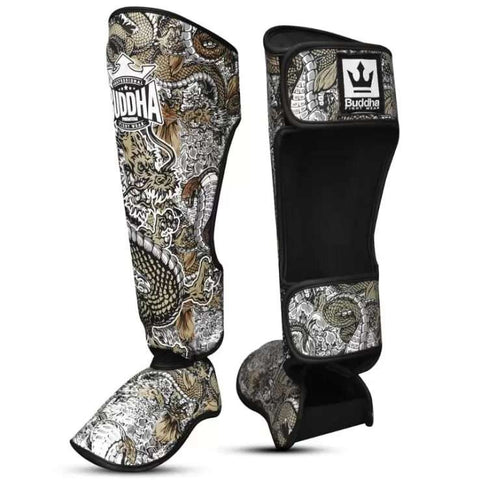 Espinilleras muay thai Buddha dragon blancas