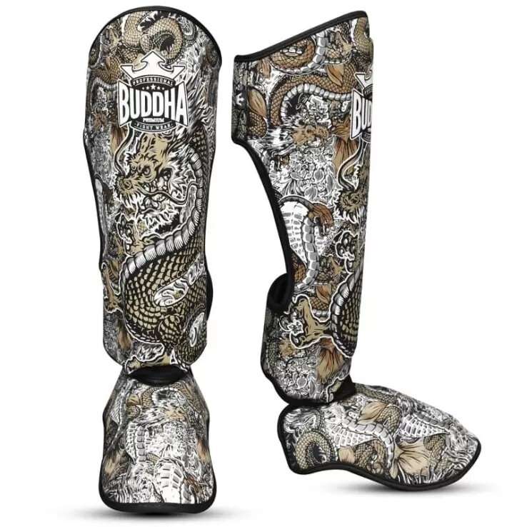 Espinilleras muay thai Buddha dragon blancas