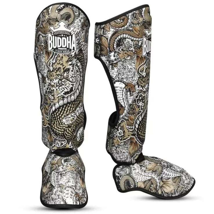 Espinilleras muay thai Buddha dragon blancas