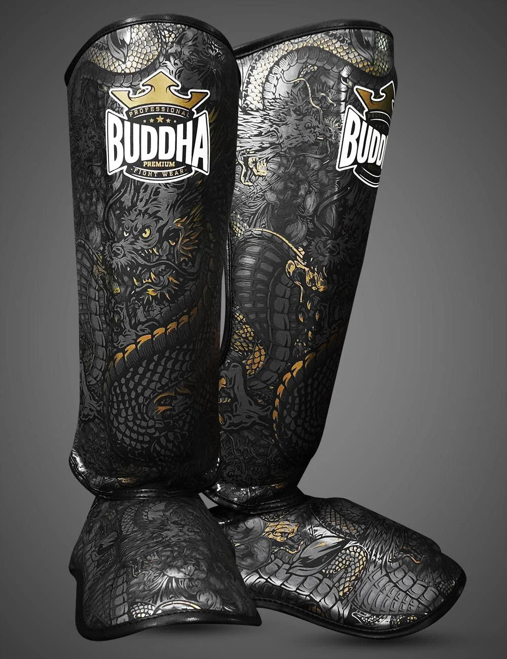 Espinilleras Muay Thai Buddha Fantasy Dragon negras
