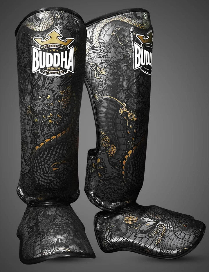 Espinilleras muay thai Buddha dragon negras 1