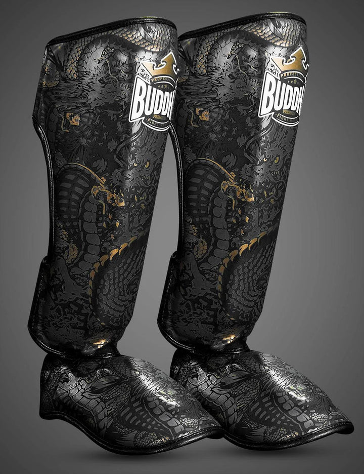 Espinilleras muay thai Buddha dragon negras 2